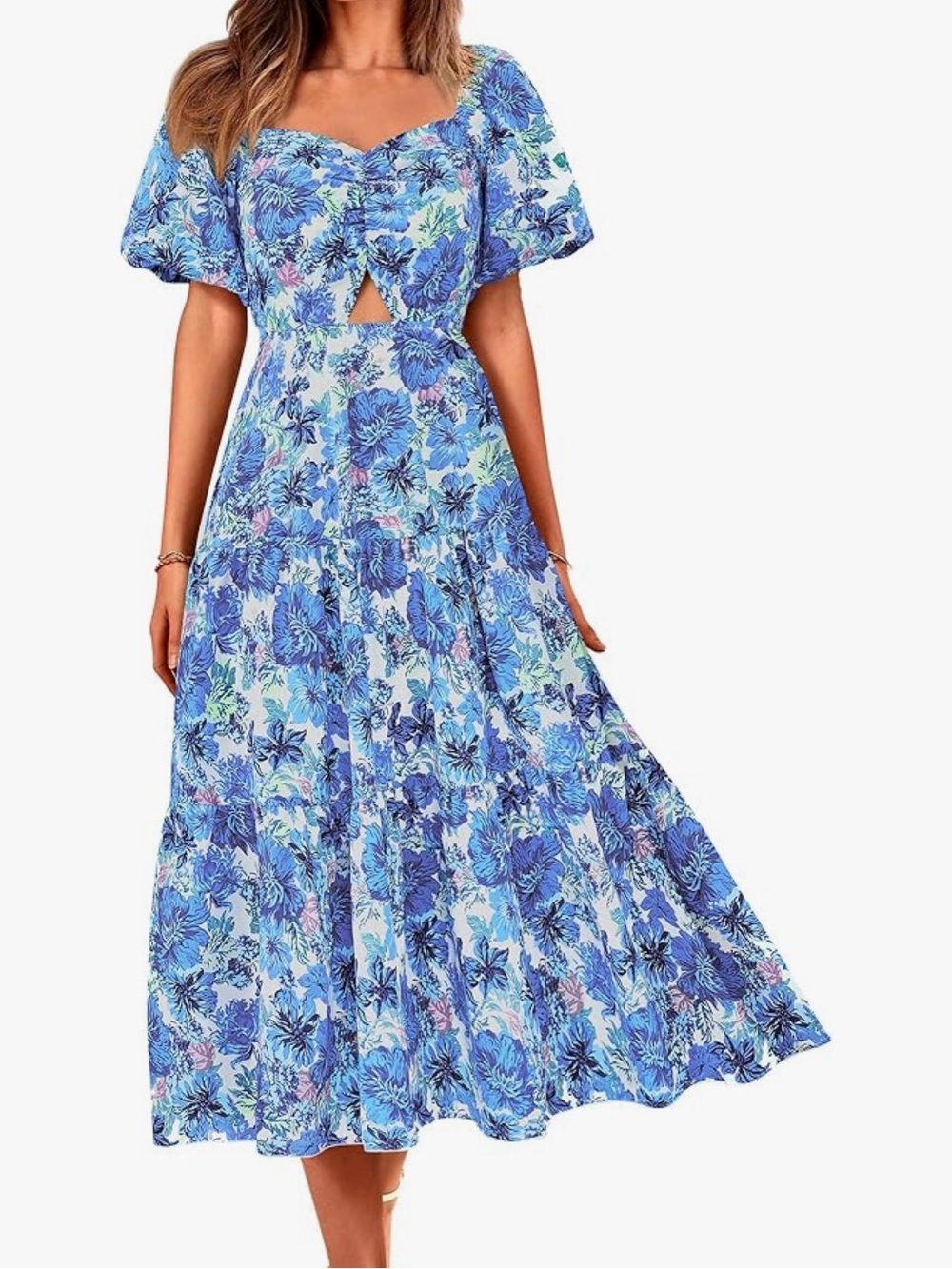 Floral Puff-Sleeve Blue Midi Dress with Front Keyhole